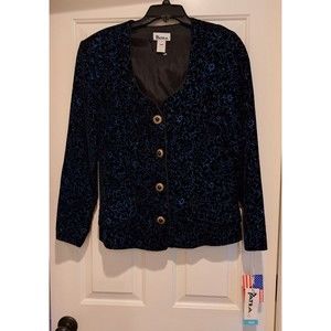 NWT Patra Black and Blue Velvet Paisley Print VTG Tuxedo Blazer Size 16